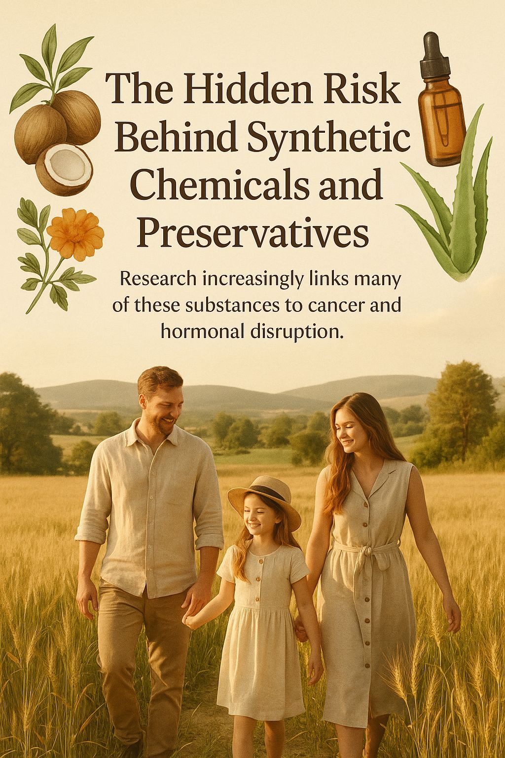 Family walking in a golden field with natural skincare imagery and text about the risks of synthetic chemicals and preservatives.