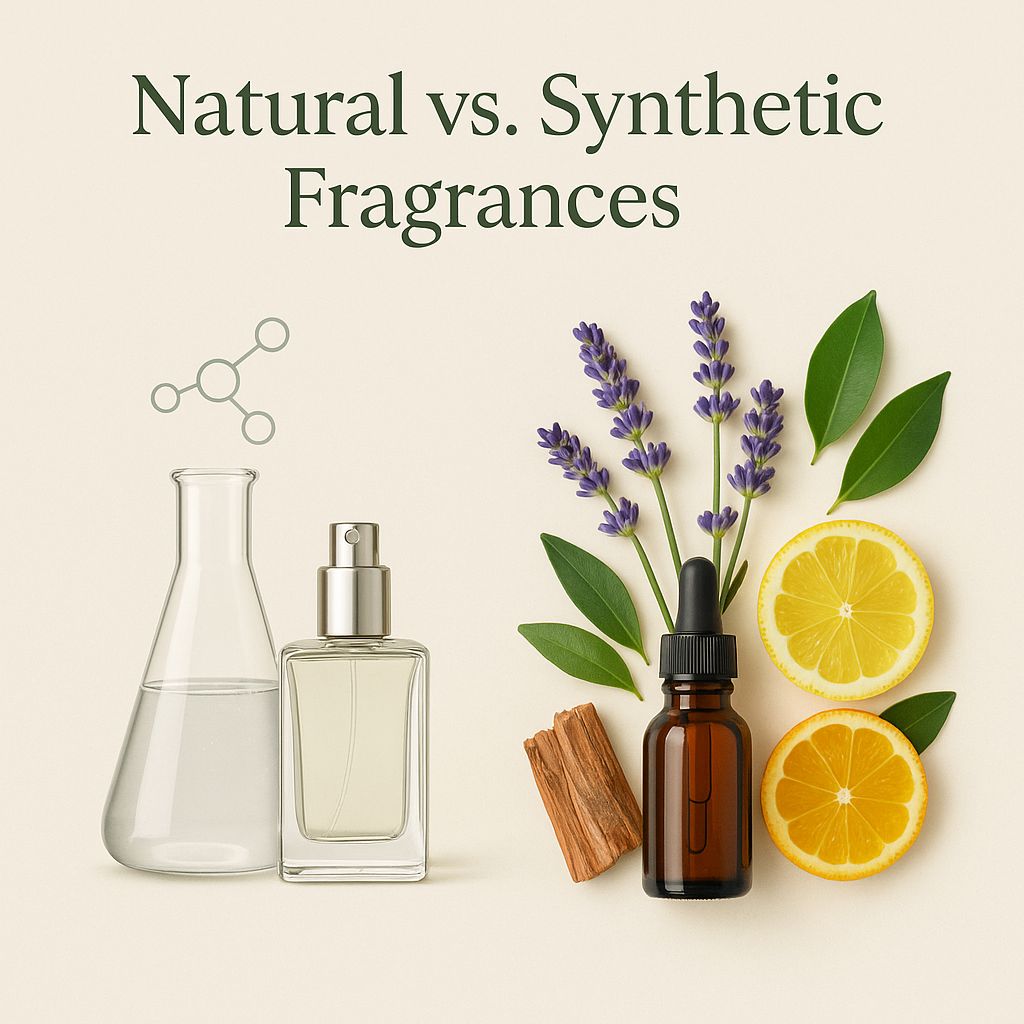 Illustration showing natural fragrance ingredients like lavender, rosemary, and citrus beside synthetic fragrance bottles.