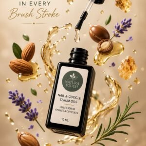 Natura Touch Nail & Cuticle Serum surrounded by botanical ingredients and nourishing oils.