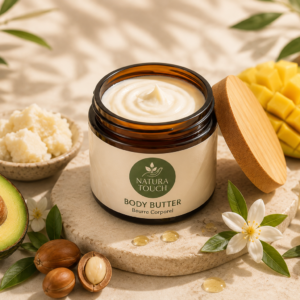 Natura Touch Body Butter in an amber glass jar surrounded by shea butter, avocado, mango, olive oil, and botanical elements on a warm, natural background.