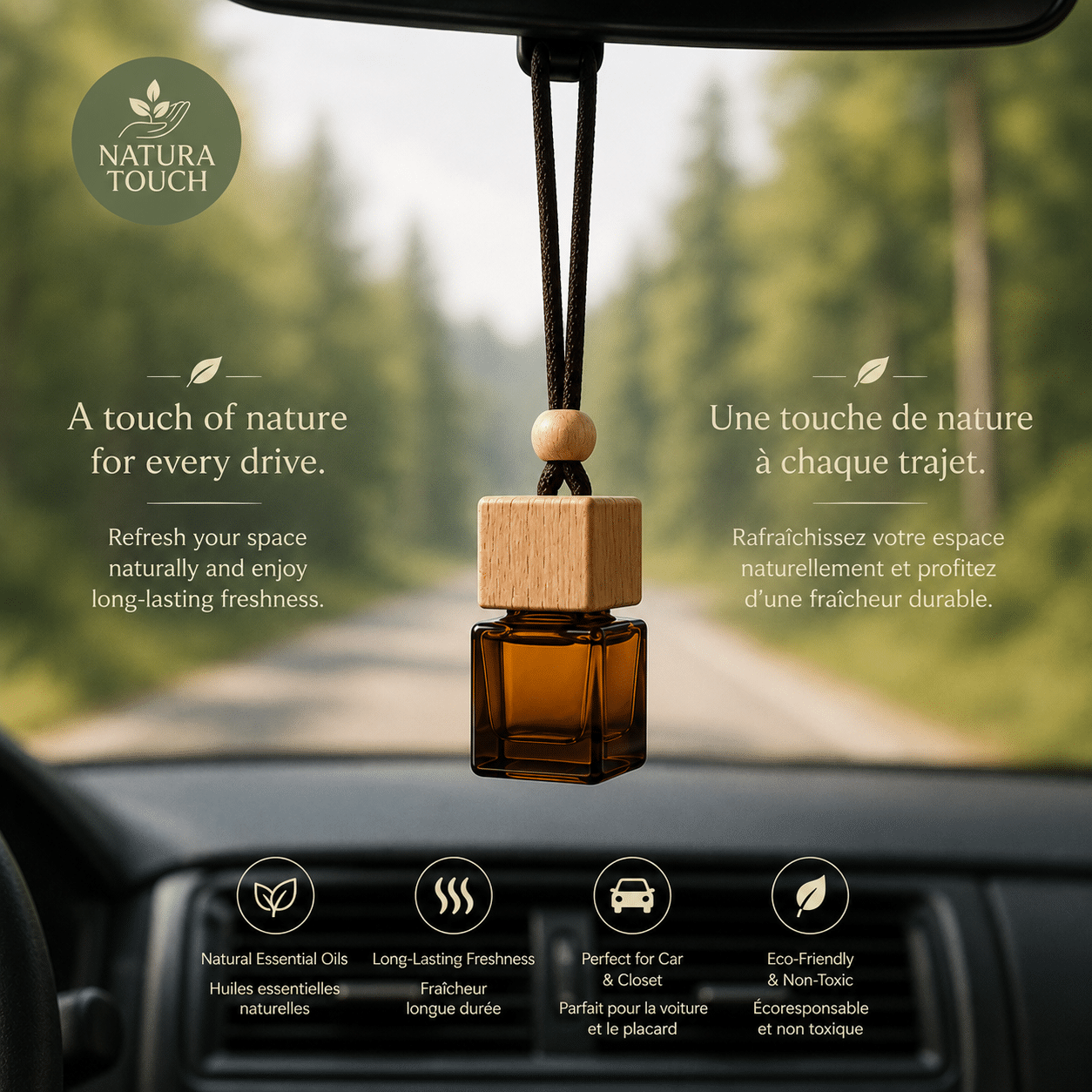 Natura Touch natural essential oil car refresher hanging from a rearview mirror with bilingual English and French product benefits, designed to naturally freshen cars and closets.