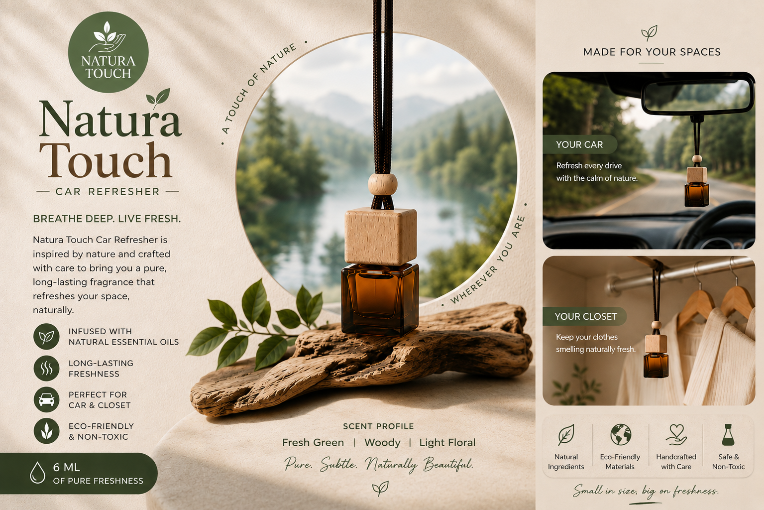 Natura Touch eco-friendly car refresher featuring a hanging essential oil diffuser bottle for cars and closets with a fresh natural fragrance.