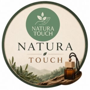 Natura Touch Car Refresher branding featuring a natural essential oil diffuser bottle with the Natura Touch logo and a nature-inspired circular design.