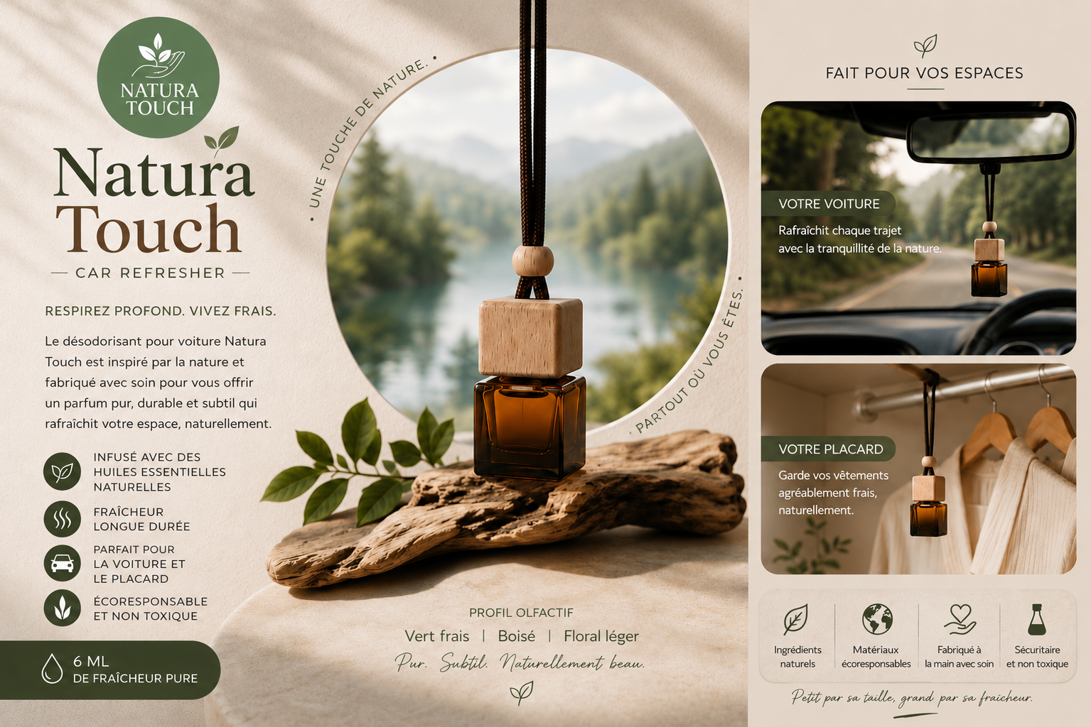Natura Touch natural essential oil car refresher hanging from a rearview mirror, suitable for cars and closets, with a long-lasting eco-friendly fragrance.